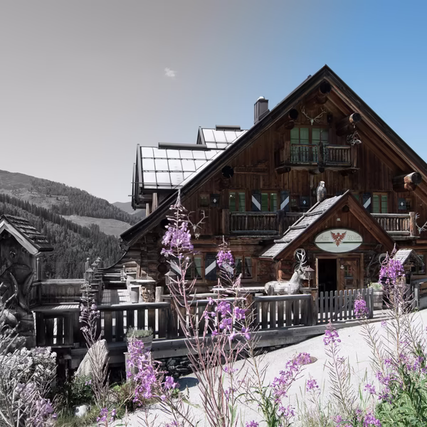 Rustikale Holzalmhütte mit Geweihen und Terrasse vor bewaldeten Berghängen, im Vordergrund blühendes Weidenröschen.