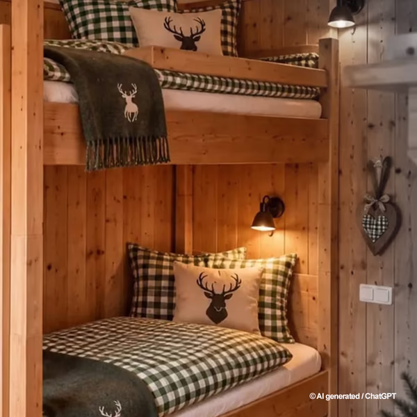 Hölzernes Stockbett mit Karo-Bettwäsche und Hirschmotiv-Kissen in rustikalem Hüttenzimmer mit Regal und Teppich.